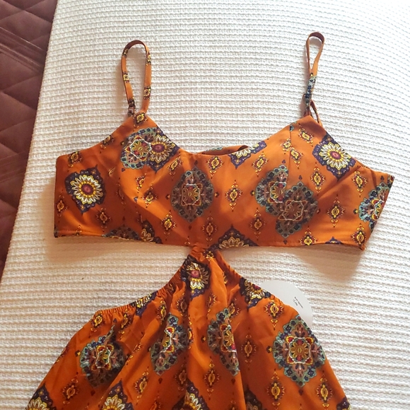 Shein Vcay Orange Patterned Cut Out Dress With Adjustable Straps - Picture 3 of 10